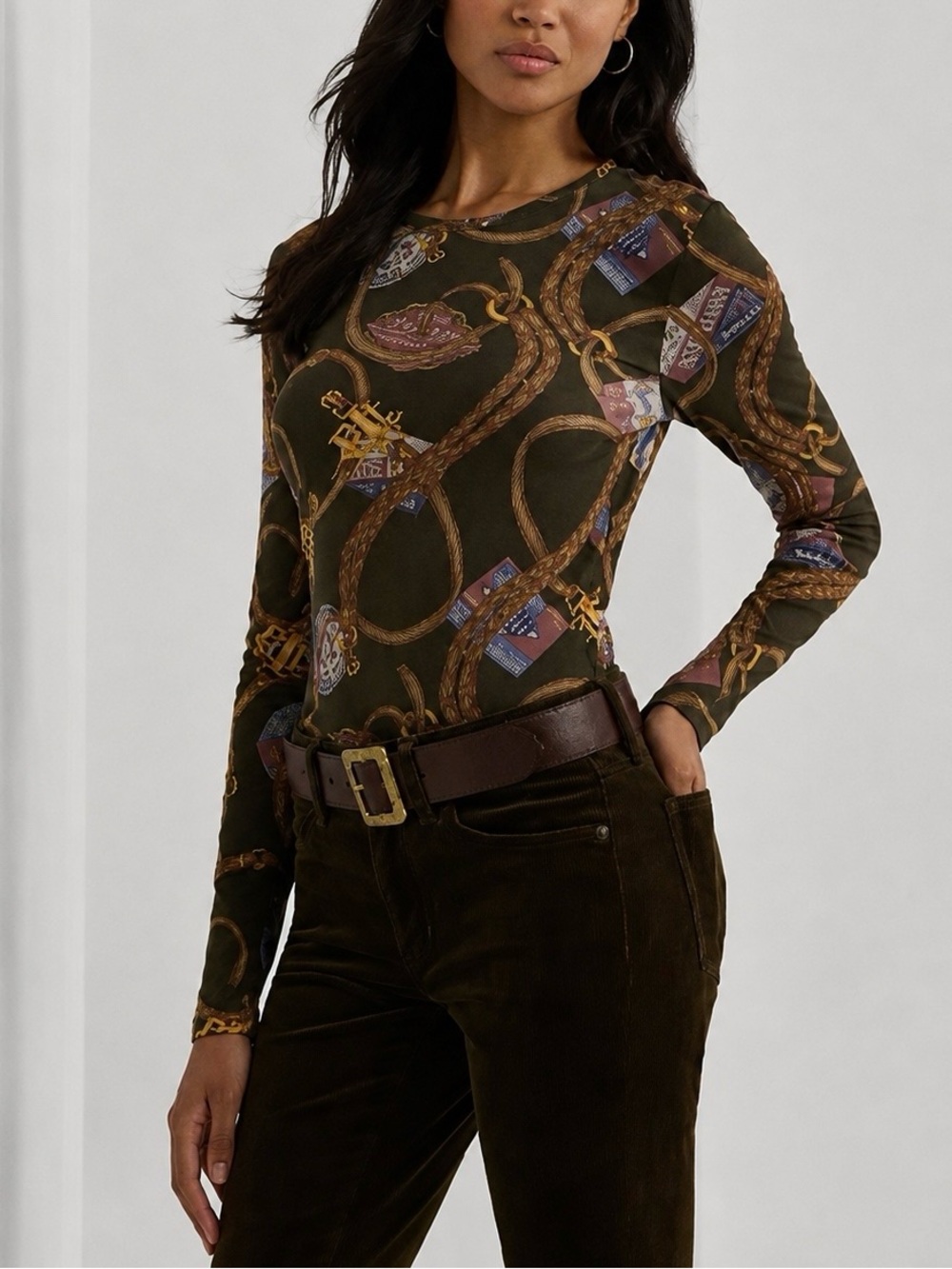 Lauren Ralph Lauren Belting-Print Cotton Long-Sleeve Tee